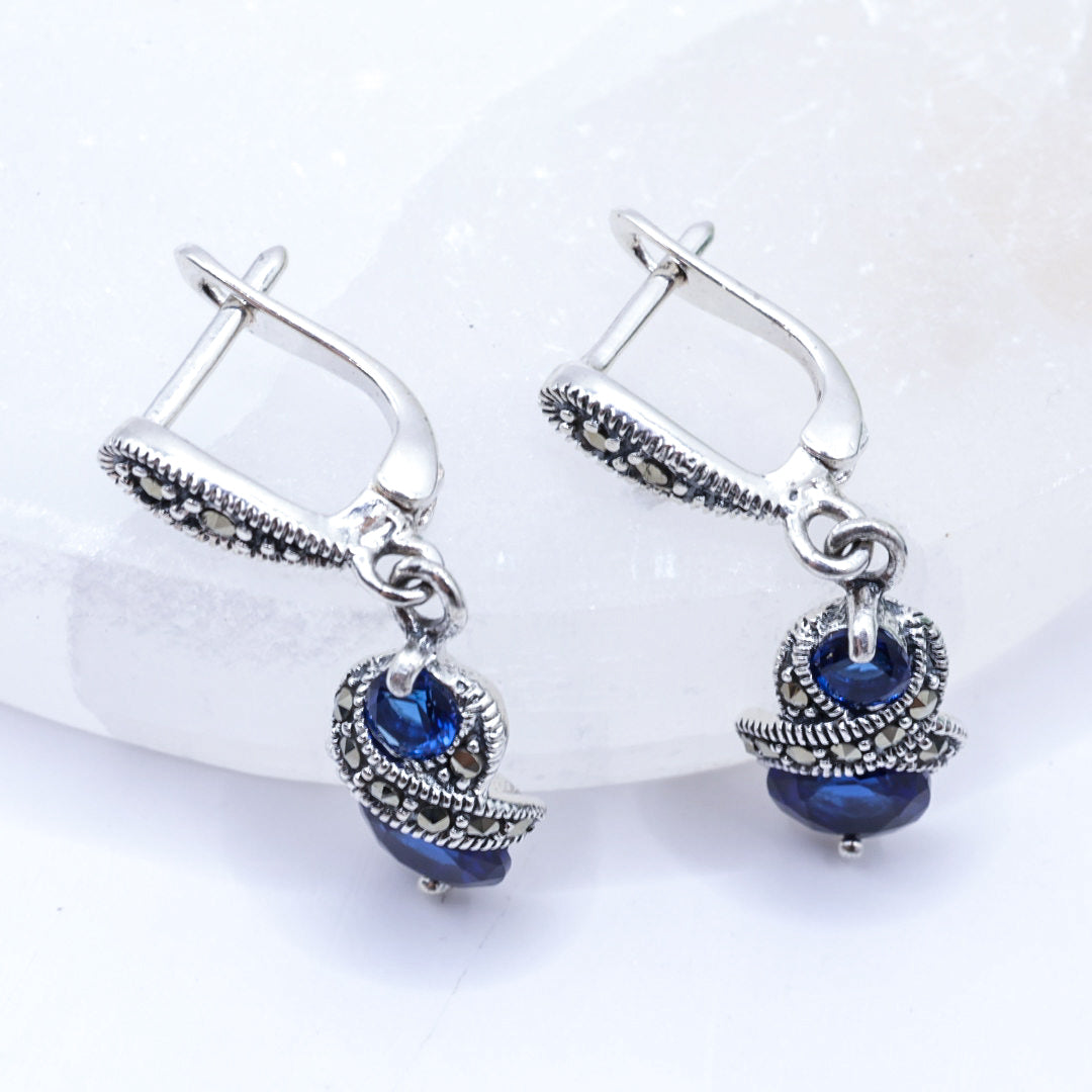 Sapphire Blue & Marcasite Drop Earrings | .925 Sterling Silver