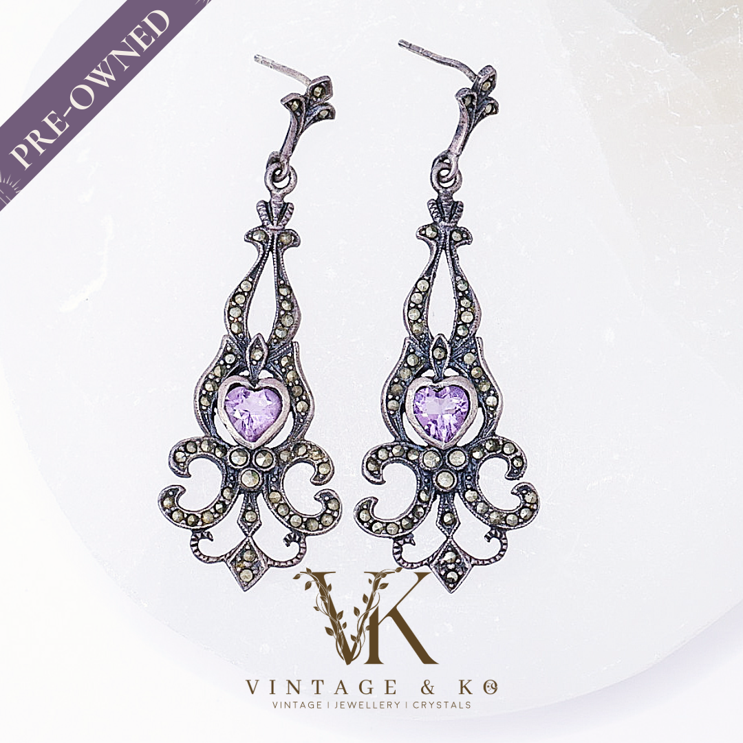 Vintage 925 Victorian Revival Marcasite & Heart Drop Earrings