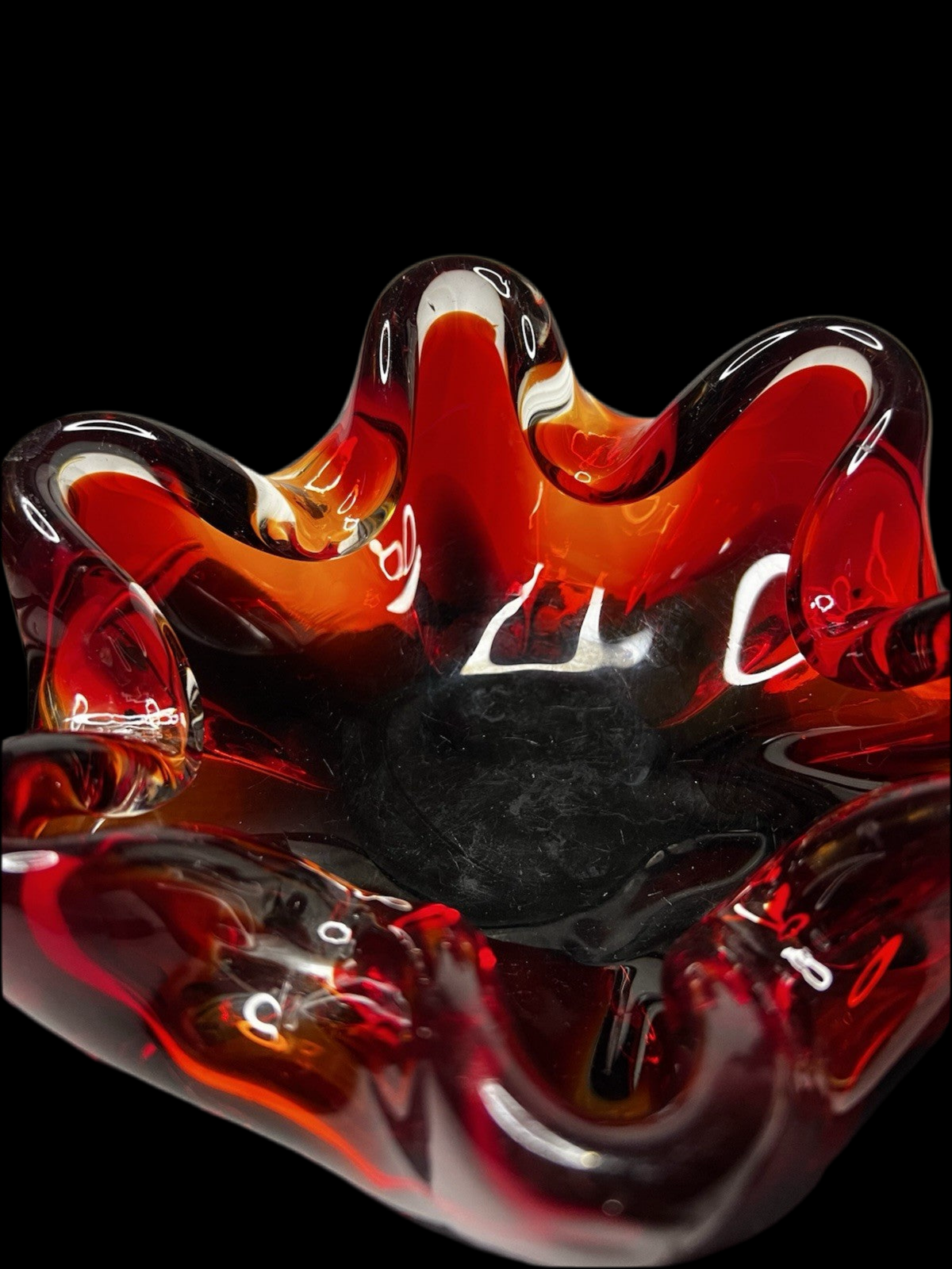 Heavy 843g Murano Art Glass Bowl – Red 6-Sided Design, Mid-Century Modern