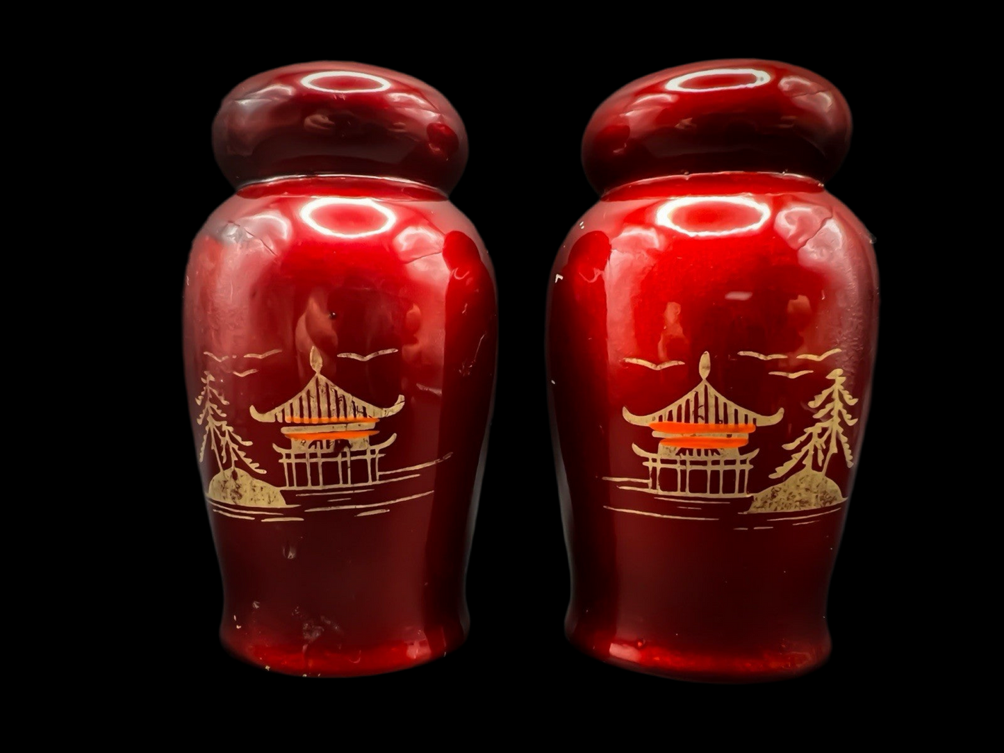 Red Temple Japanese Shakers, Vintage Asian Inspired Kitchen Tableware