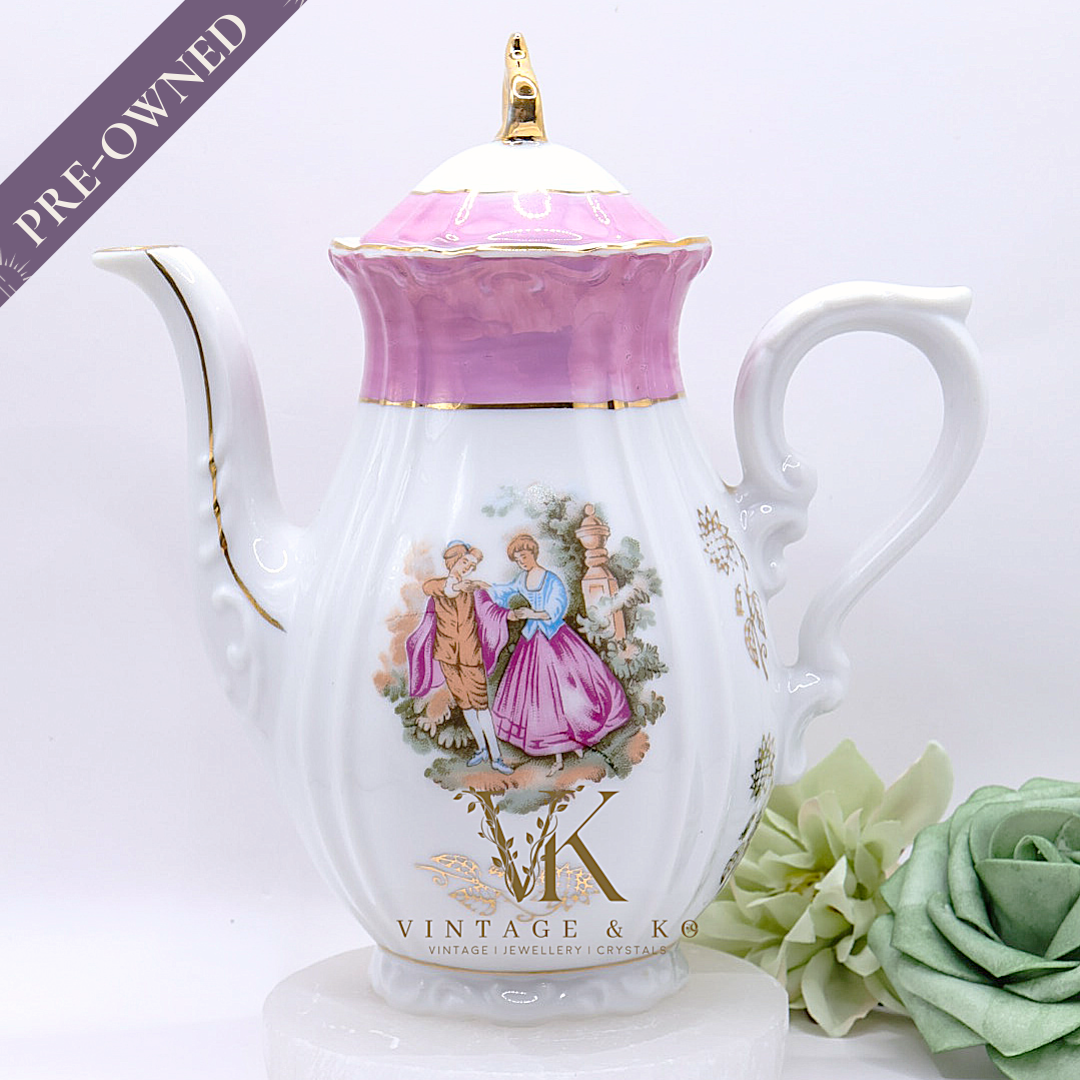 Vintage Pink & White Hand-Painted Porcelain Teapot with Gold Accents – Victorian