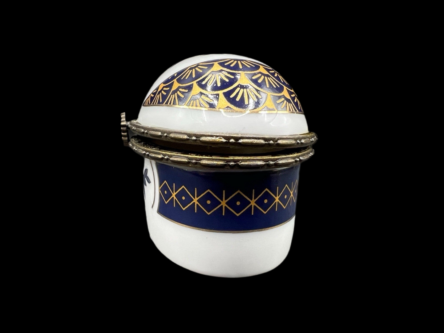 White Oval Porcelain Trinket Box with Blue Flowers and Gold Trim with Hinged Lid