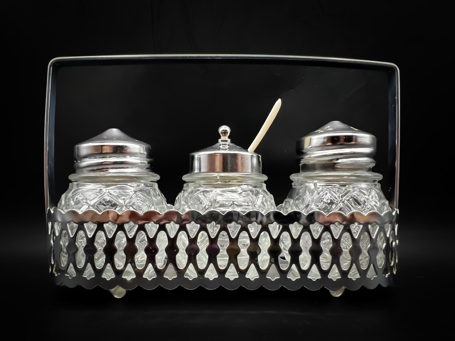 Vintage Glass Condiment Set Salt Pepper Sugar in Metal Caddy Stand Hong Kong