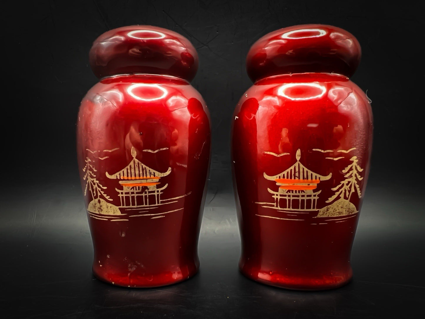 Red Temple Japanese Shakers, Vintage Asian Inspired Kitchen Tableware