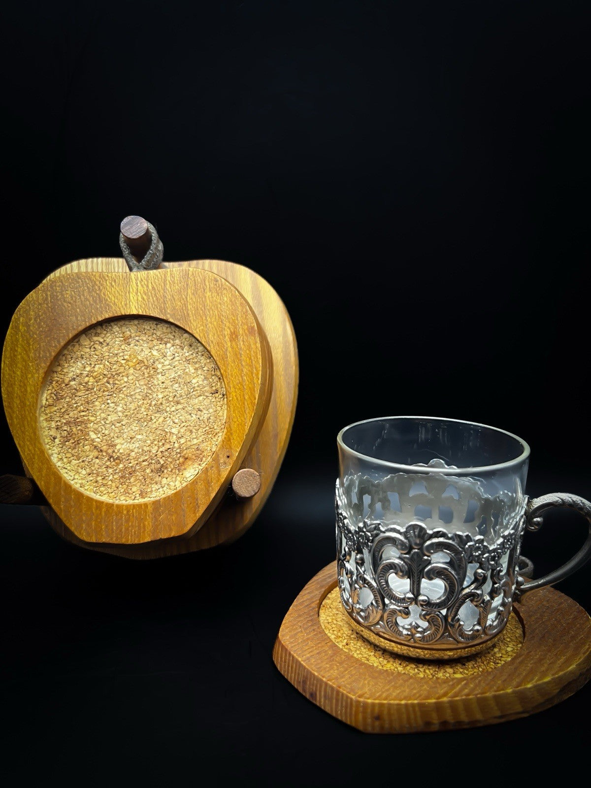 Rustic Wooden Apple Coasters Set of 6, Cork Backed With Leather Strap and Stand