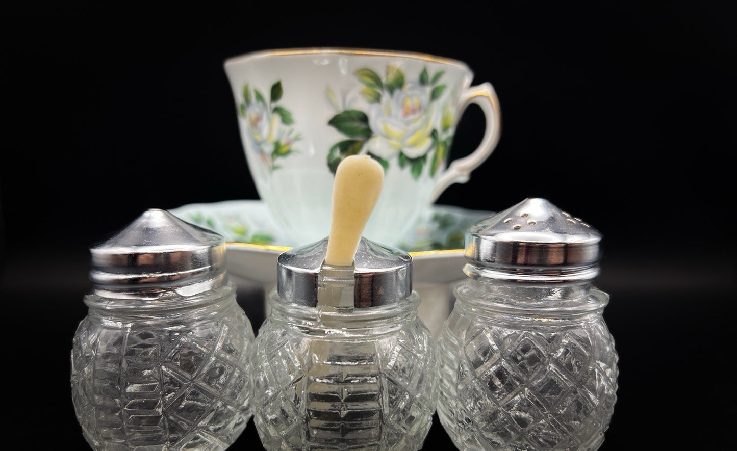 Vintage Glass Condiment Set Salt Pepper Sugar in Metal Caddy Stand Hong Kong