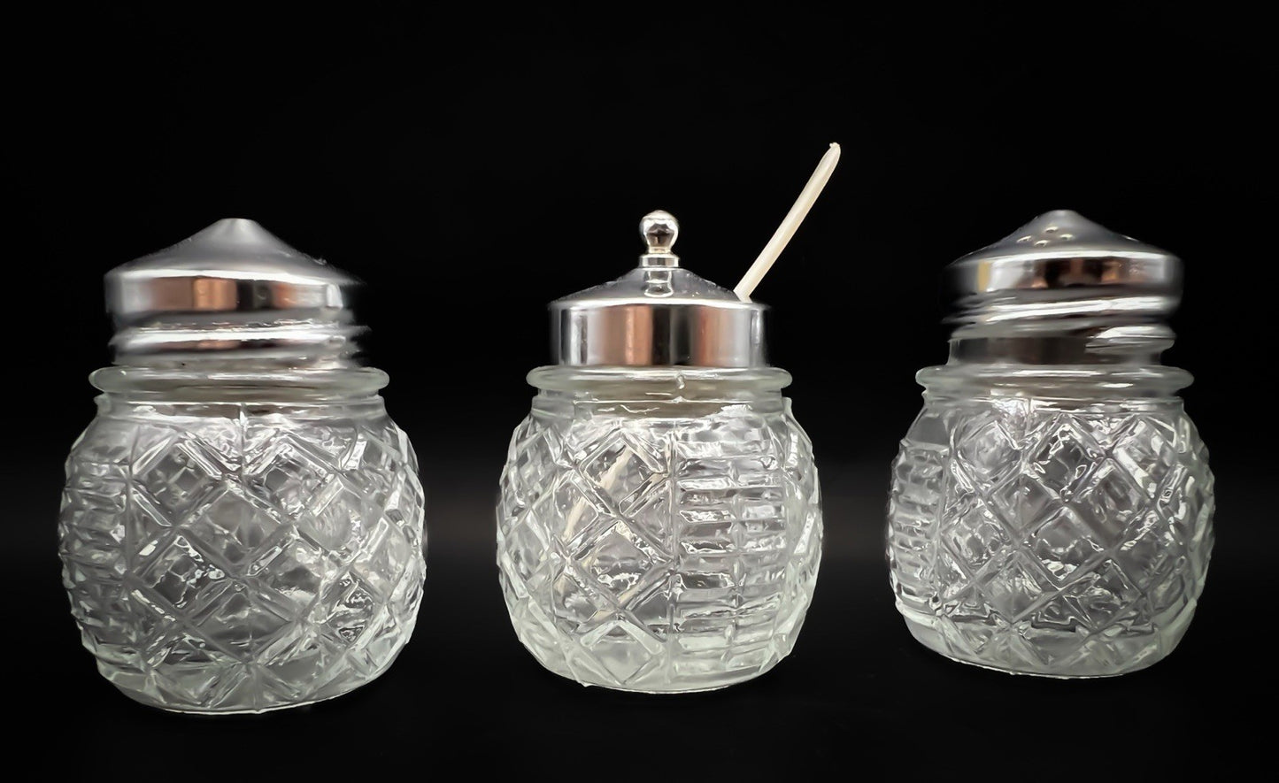 Vintage Glass Condiment Set Salt Pepper Sugar in Metal Caddy Stand Hong Kong