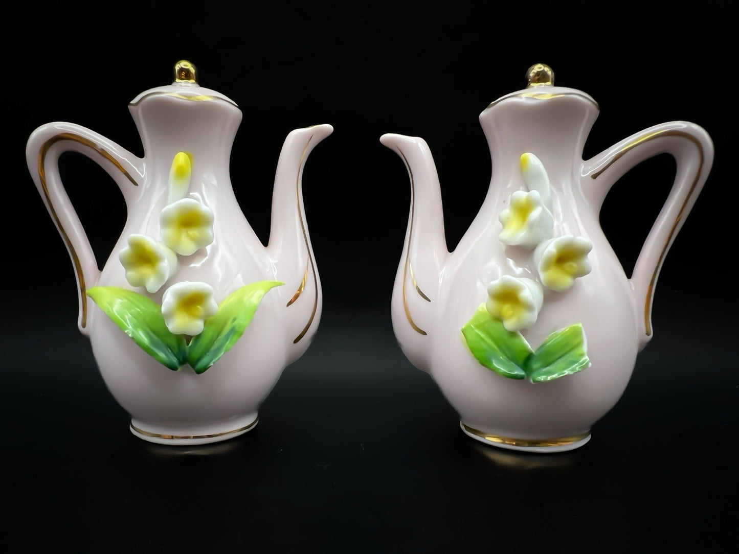 Vintage Japanese Pink Gold Trimmed Tea Pot Salt Pepper Shakers Floral Porcelain