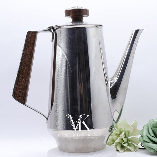 18/10 Stamped Stainless Steel Coffee Pot, Vintage Lucky Wood Florence