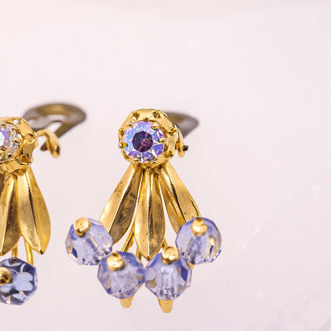 Vintage Blue & Gold Toned Beaded Clip On Earrings
