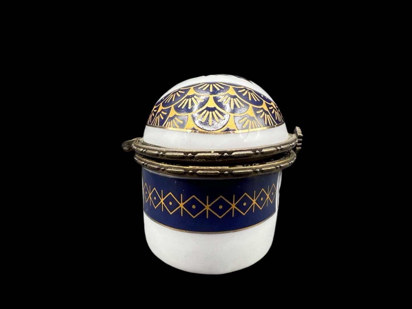 White Oval Porcelain Trinket Box with Blue Flowers and Gold Trim with Hinged Lid