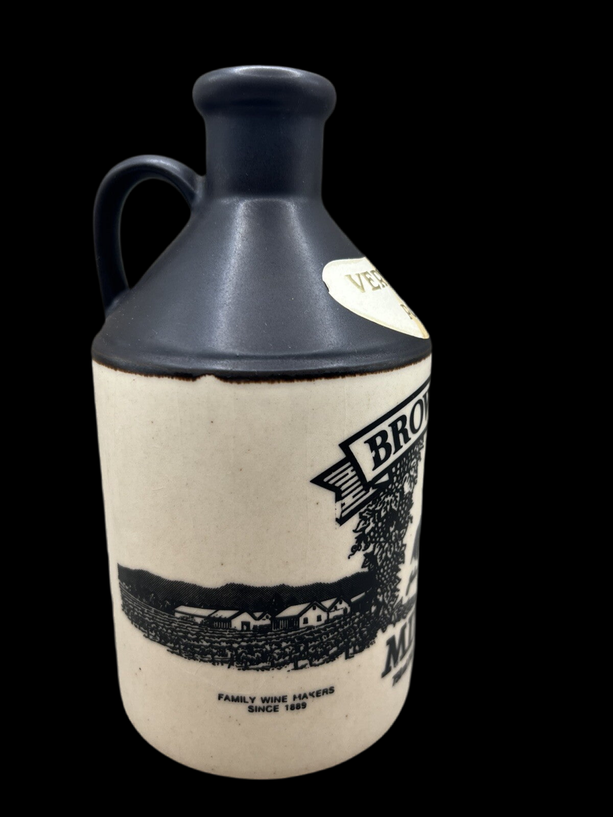 Vintage Brown Bros Milawa Very Old Port Bottle - Black & Beige Ceramic, Empty