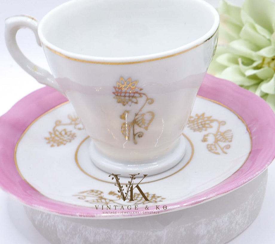 Set of 2 Japanese Victorian Pink & White Tea Cups and Saucers with Gold Trim