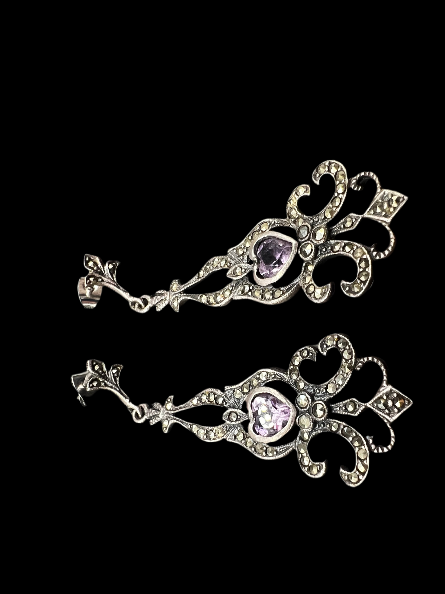 Vintage 925 Victorian Revival Marcasite & Heart Drop Earrings – Late 1990s