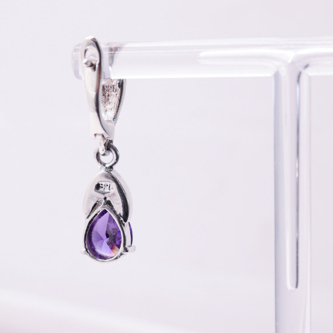 925 Sterling Silver Marcasite Purple Drop Stud Earrings