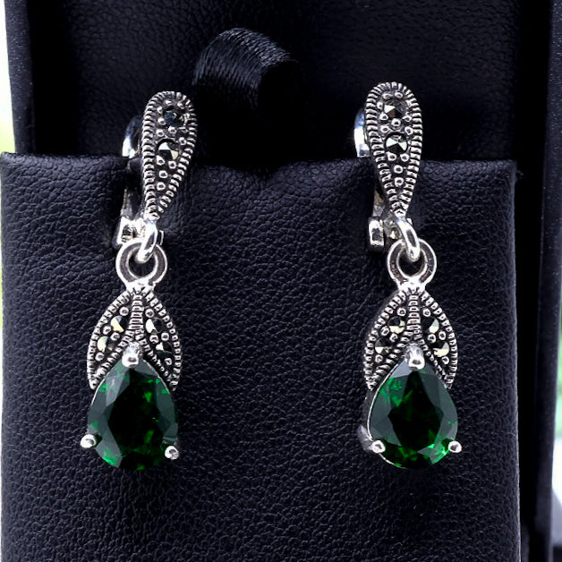 Emerald Green & Marcasite Drop Earrings | .925 Sterling Silver