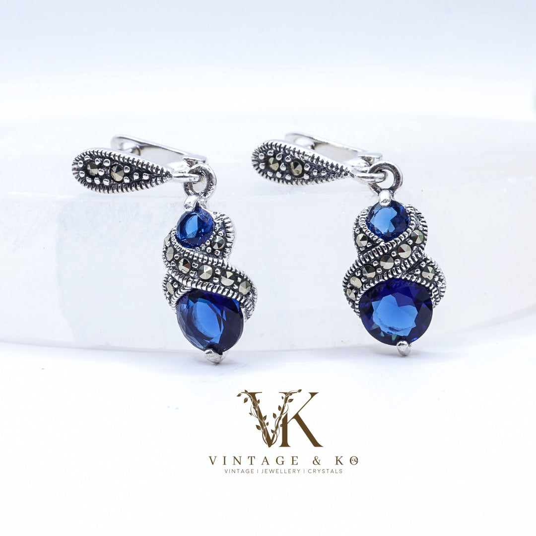 Sapphire Blue & Marcasite Drop Earrings | .925 Sterling Silver