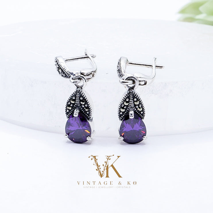 Amethyst CZ & Marcasite Drop Earrings | .925 Sterling Silver