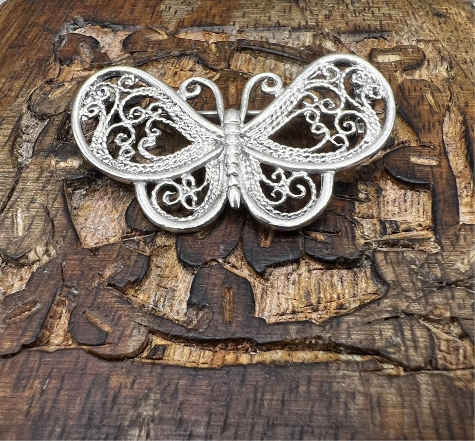 Rare Vintage Brooch 1940s Filigree Silver Butterfly - In Wooden Box
