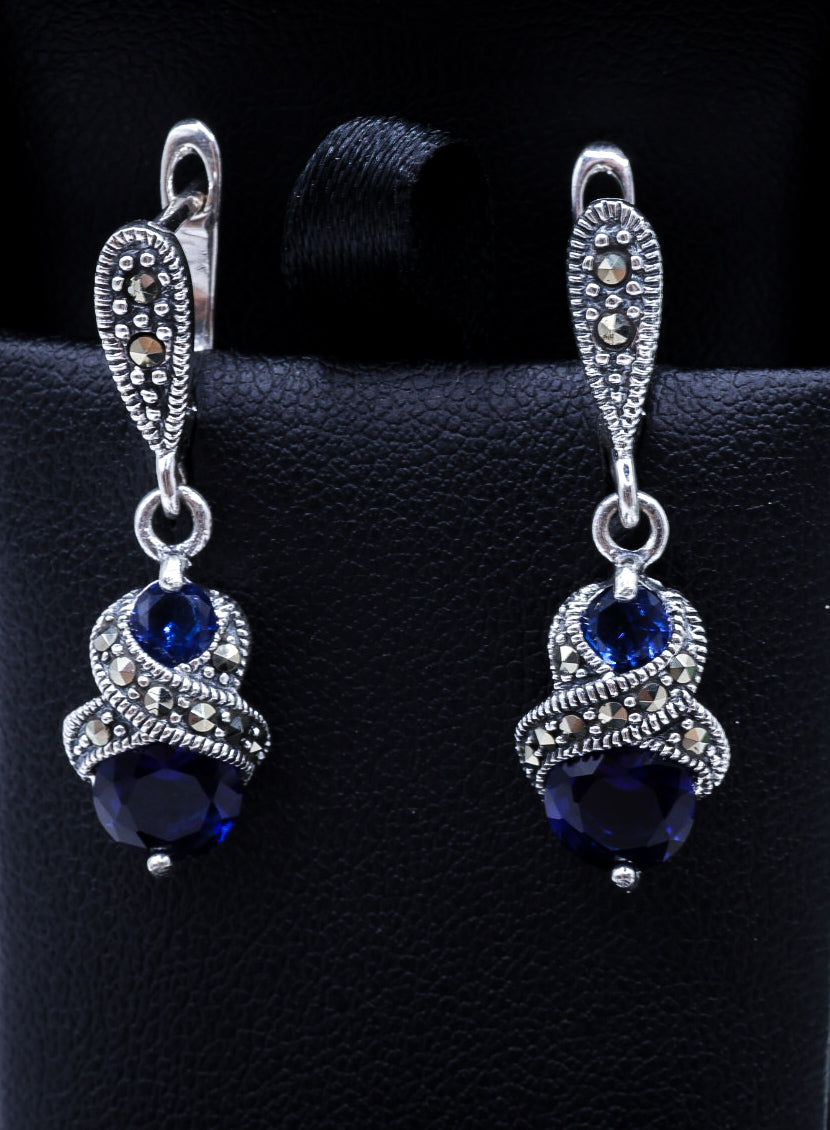 Sapphire Blue & Marcasite Drop Earrings | .925 Sterling Silver