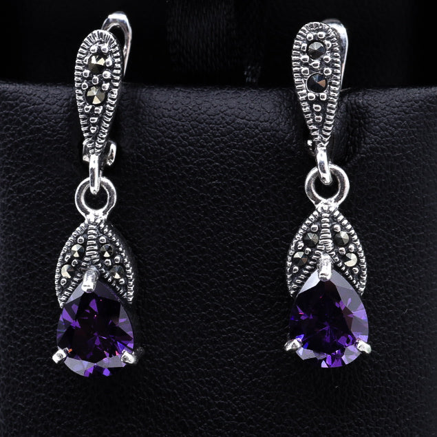 Amethyst CZ & Marcasite Drop Earrings | .925 Sterling Silver