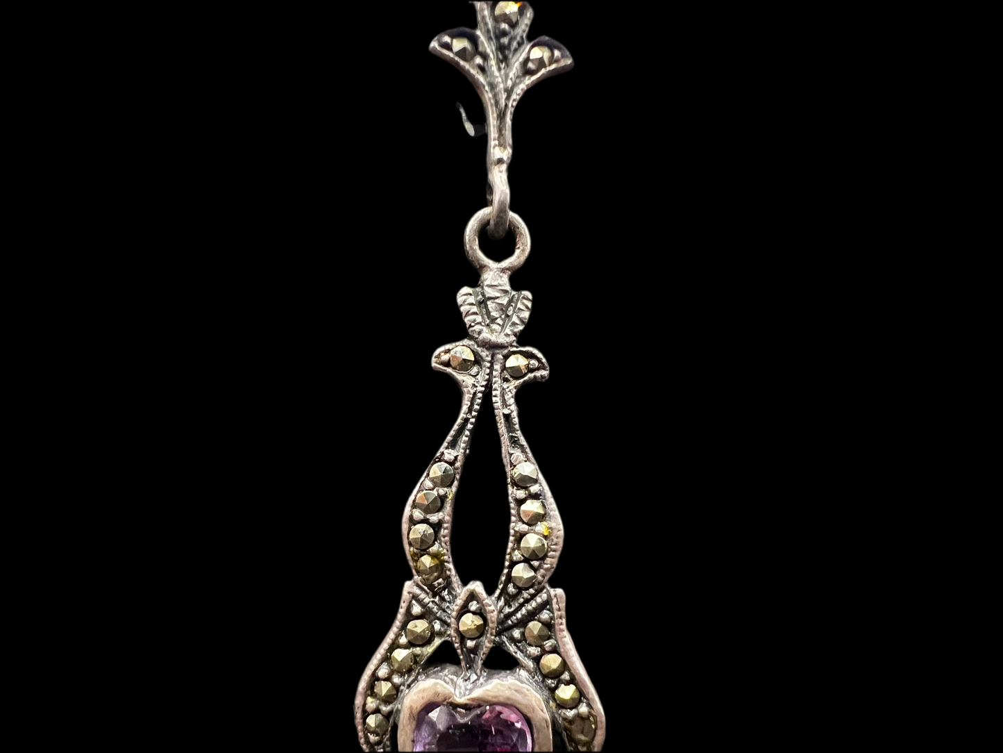 Vintage 925 Victorian Revival Marcasite & Heart Drop Earrings – Late 1990s