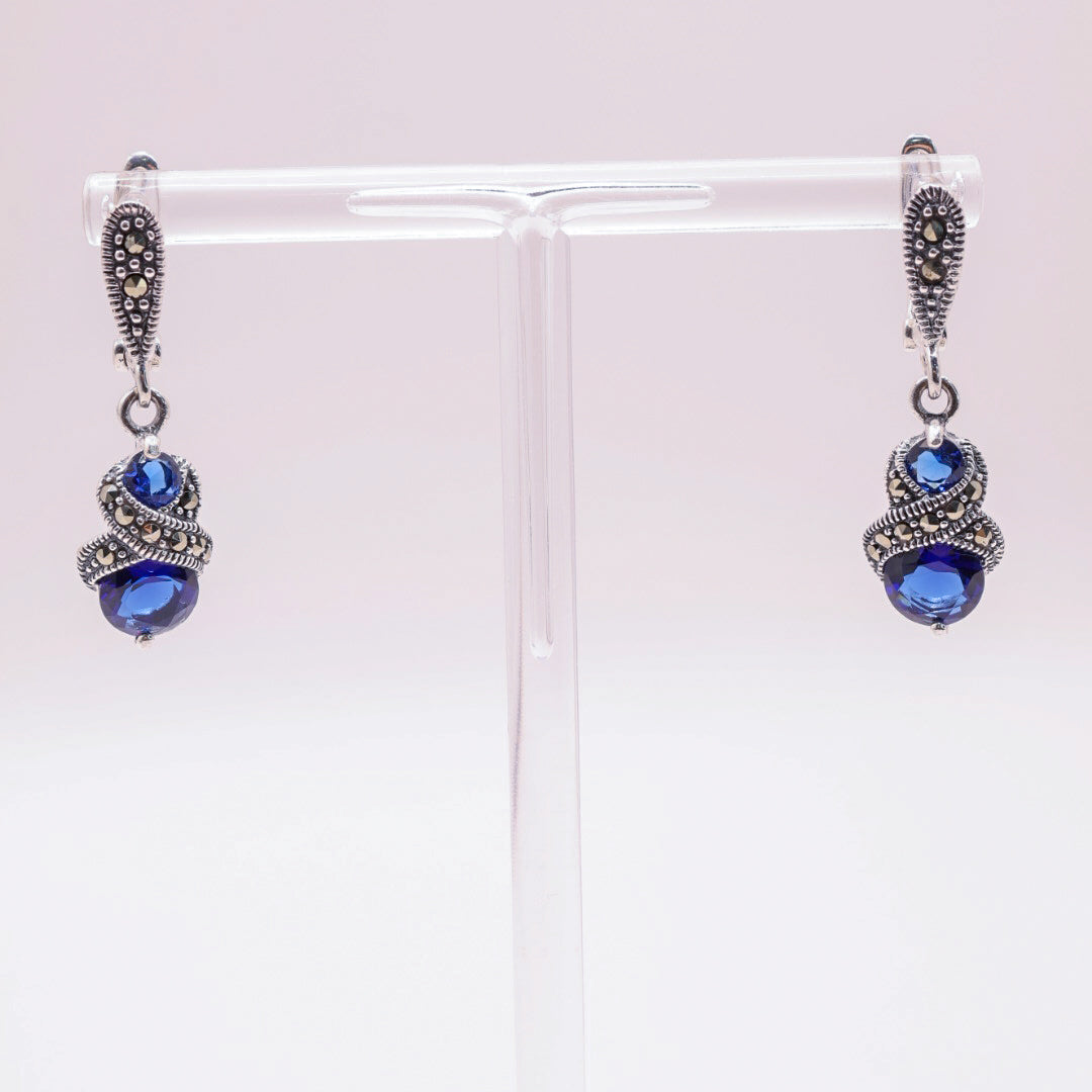 925 Sterling Silver Marcasite & Sapphire Blue Stud Earrings