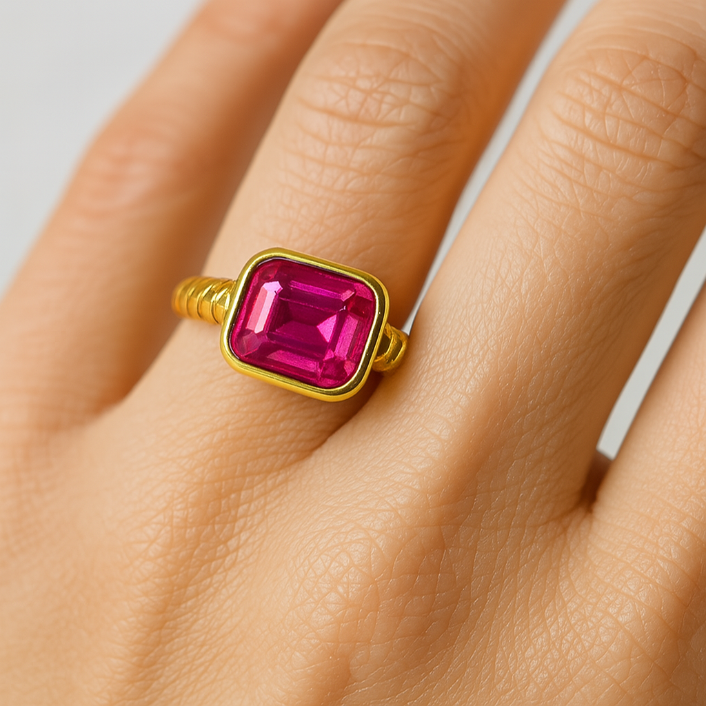 Waterproof Hot Pink CZ Ring – 18K Gold Plated Twist Band, Anti-Tarnish, Hypoallergenic, Bold Rectangle Jewelry