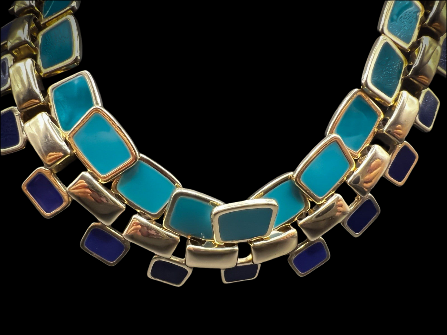 Blue & Gold Layered Double Wide Enamel Necklace