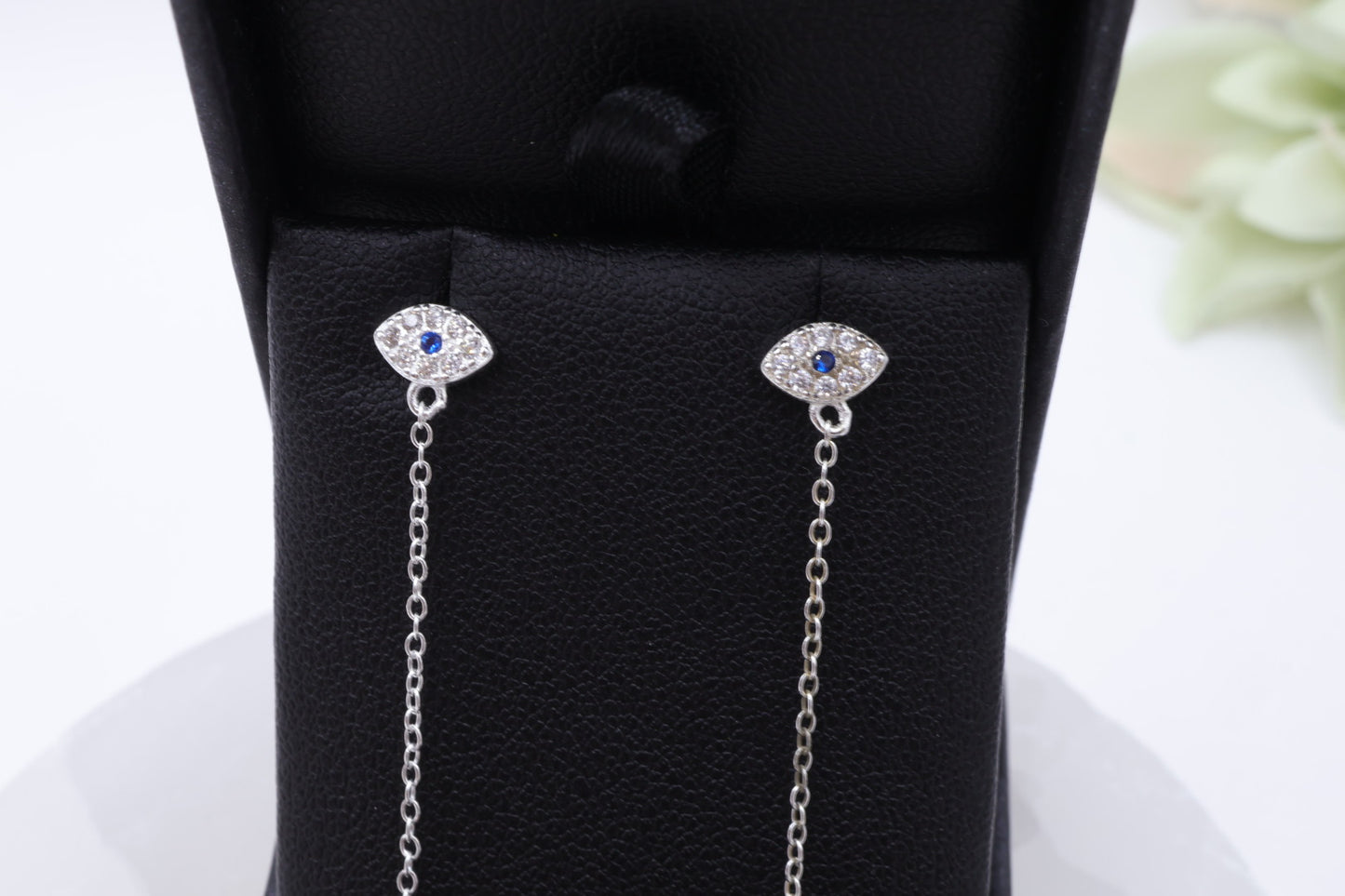 Evil Eye Double Stud Hoop Chain Earrings | .925 Sterling Silver