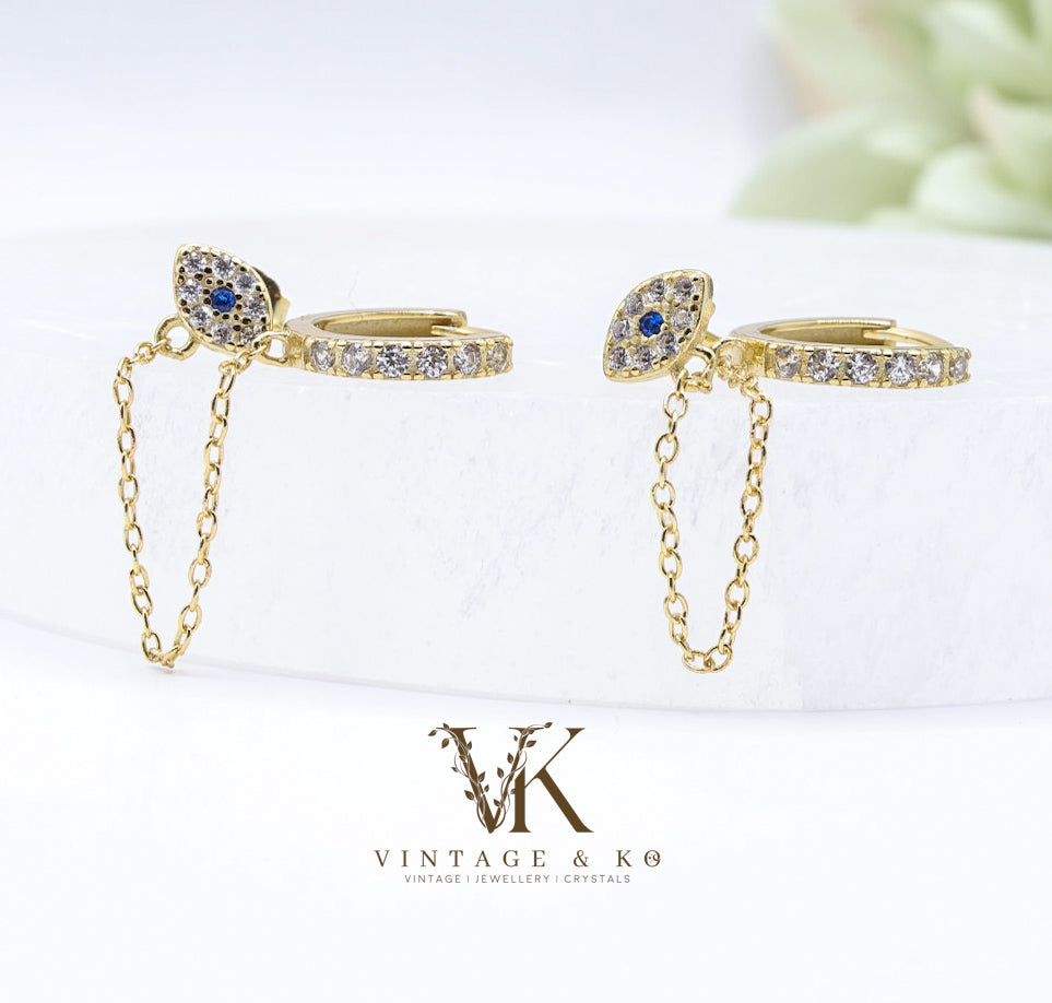 Evil Eye Double Stud Hoop Chain Earrings | .925 Sterling Silver