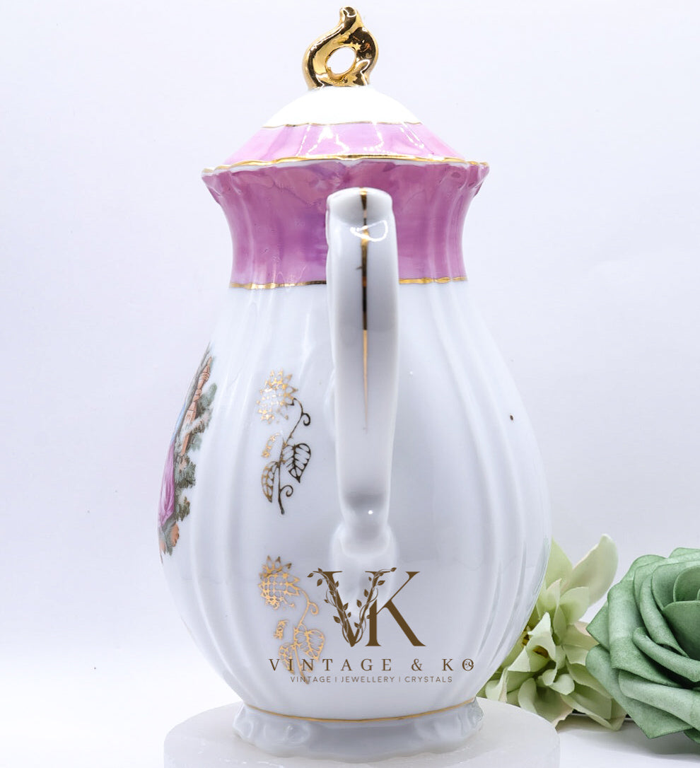 Vintage Pink & White Hand-Painted Porcelain Teapot with Gold Accents – Victorian
