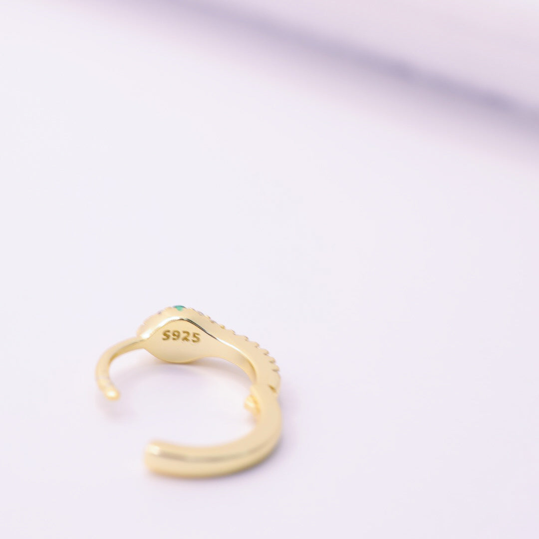 925 Gold Sterling Silver Green Stone Snake Small Hoops with CZ