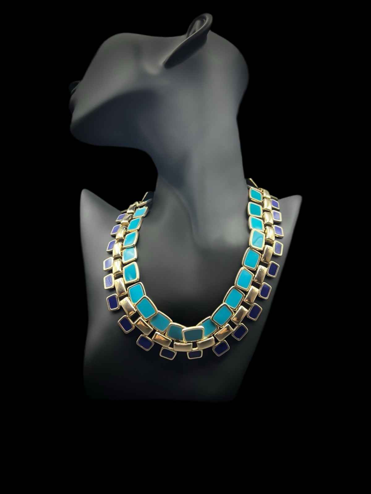 Blue & Gold Layered Double Wide Enamel Necklace