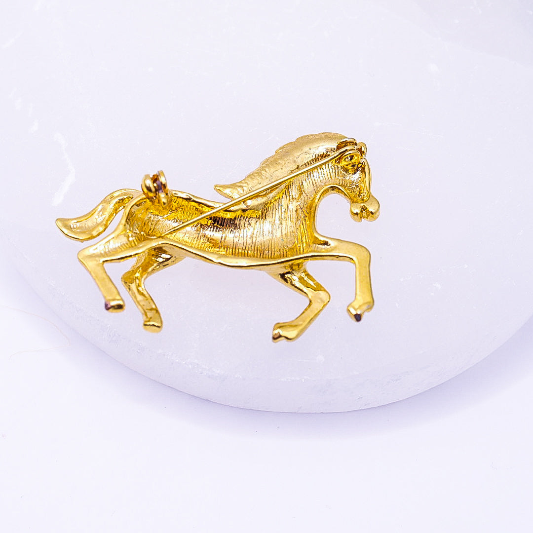 14k Gold-Plated Horse Brooch with Clear Stones