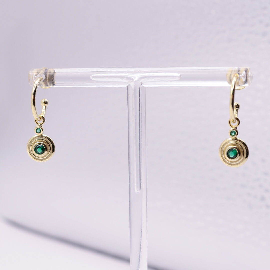 925 Sterling Silver Gold & Emerald Green Retro Stud Earrings