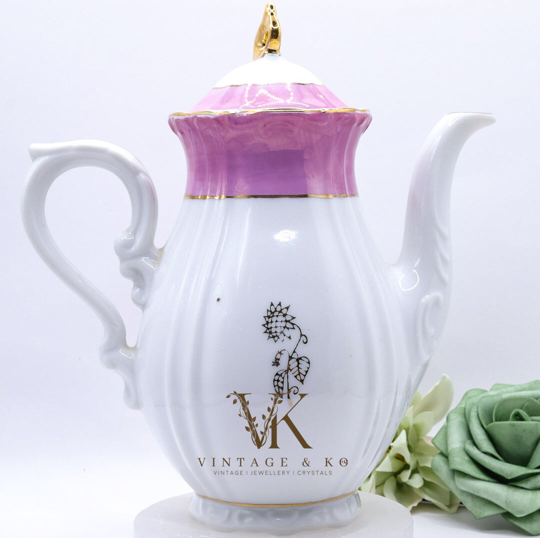 Vintage Pink & White Hand-Painted Porcelain Teapot with Gold Accents – Victorian