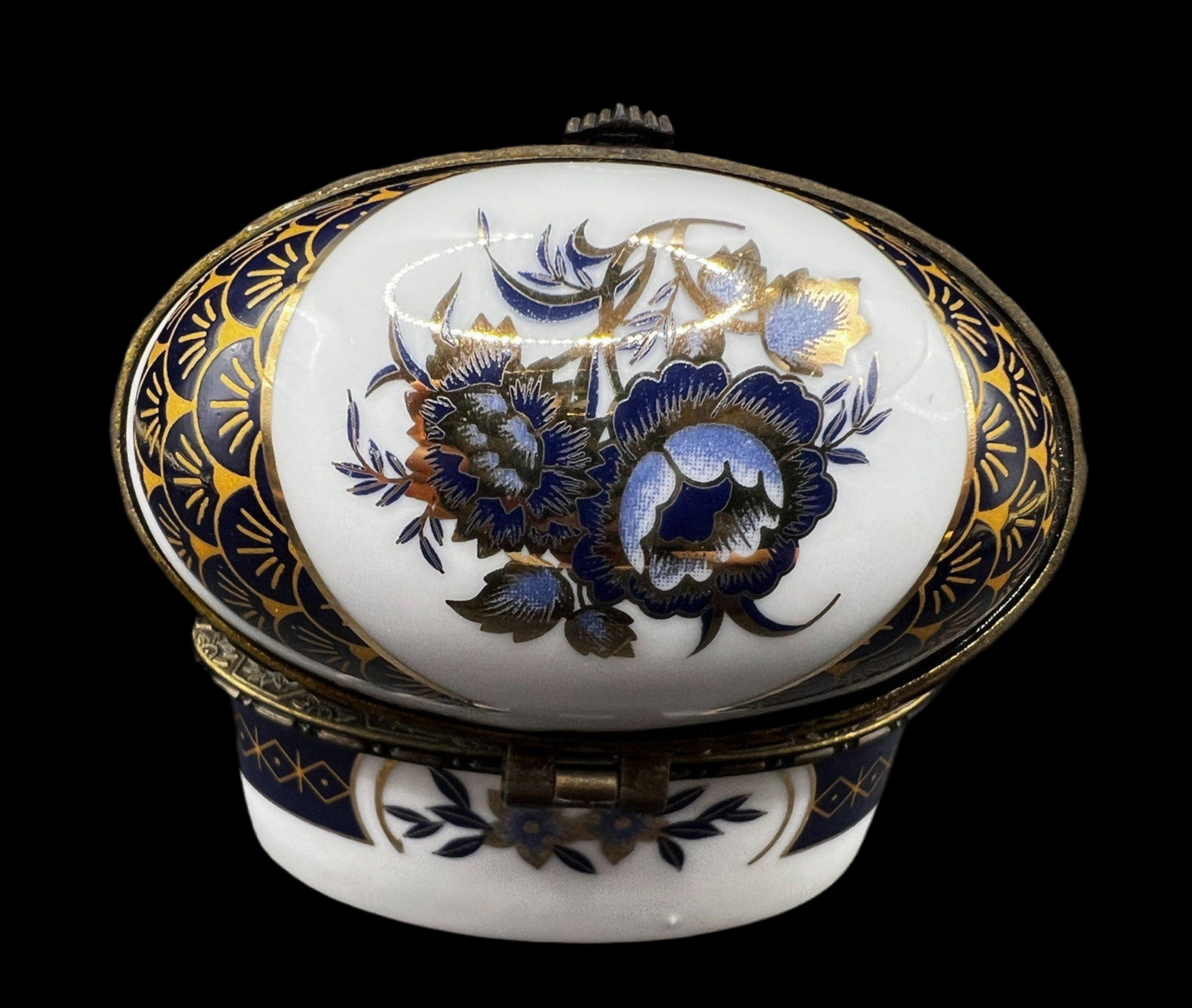 White Oval Porcelain Trinket Box with Blue Flowers and Gold Trim with Hinged Lid