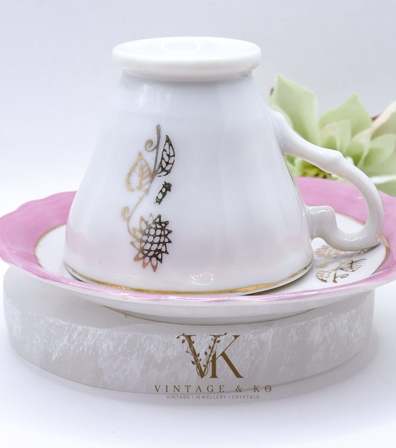 Set of 2 Japanese Victorian Pink & White Tea Cups and Saucers with Gold Trim