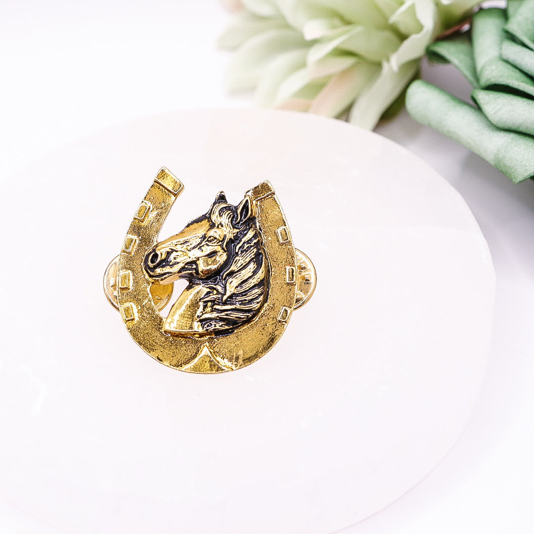 Close-up of vintage golden horseshoe lapel pin details
