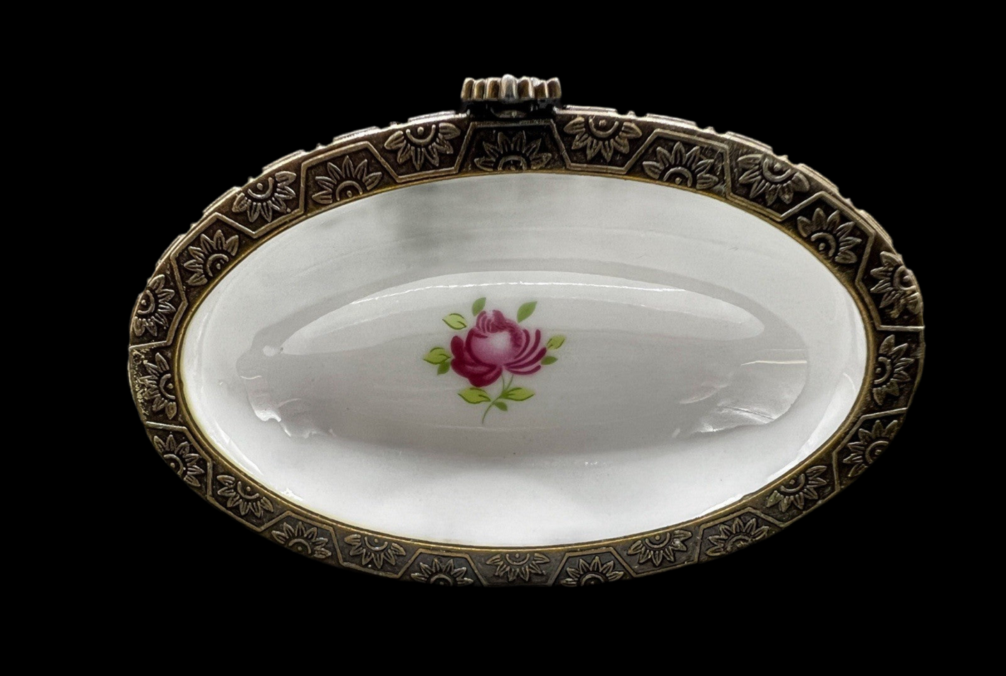 White Oval Porcelain Trinket Box with Blue Flowers and Gold Trim with Hinged Lid