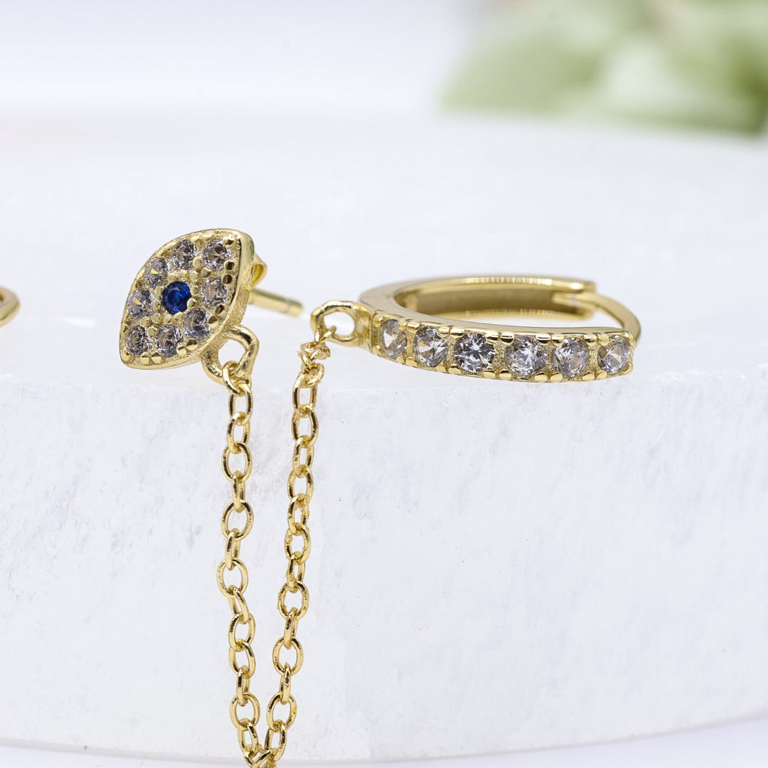 Evil Eye Double Stud Hoop Chain Earrings | .925 Sterling Silver