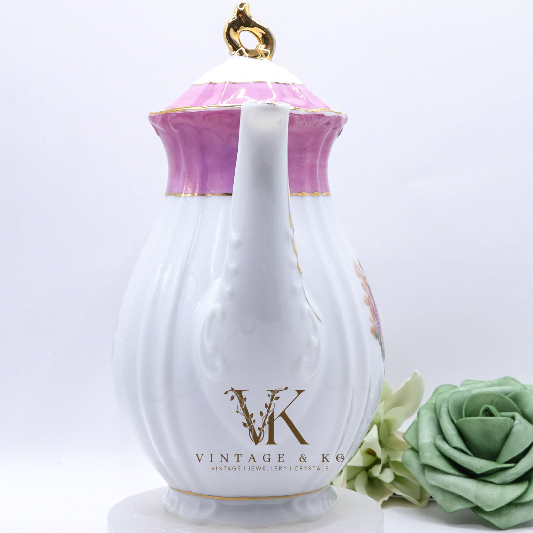 Vintage Pink & White Hand-Painted Porcelain Teapot with Gold Accents – Victorian