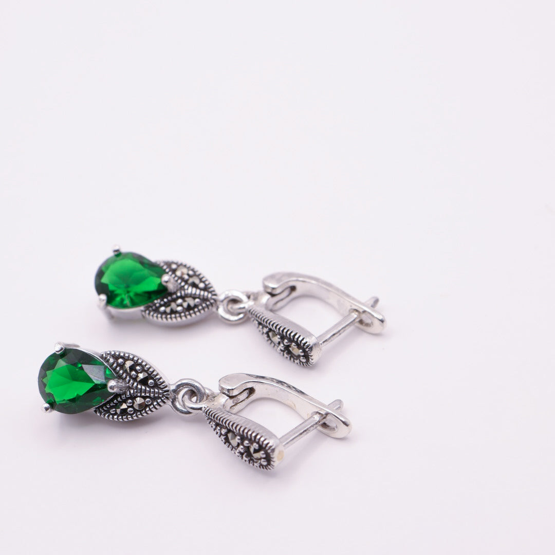 925 Sterling Silver Marcasite Emerald Green Drop Stud Earrings