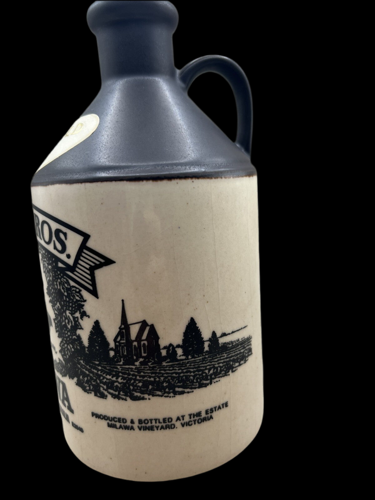 Vintage Brown Bros Milawa Very Old Port Bottle - Black & Beige Ceramic, Empty