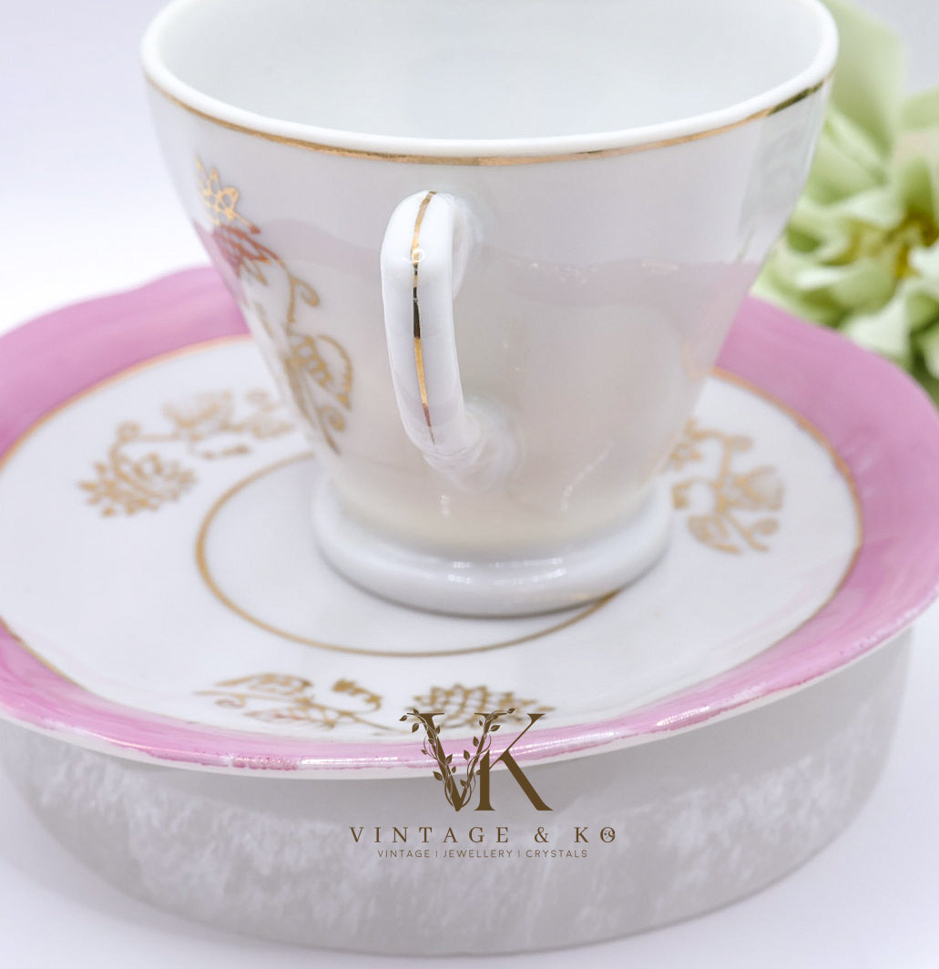 Set of 2 Japanese Victorian Pink & White Tea Cups and Saucers with Gold Trim