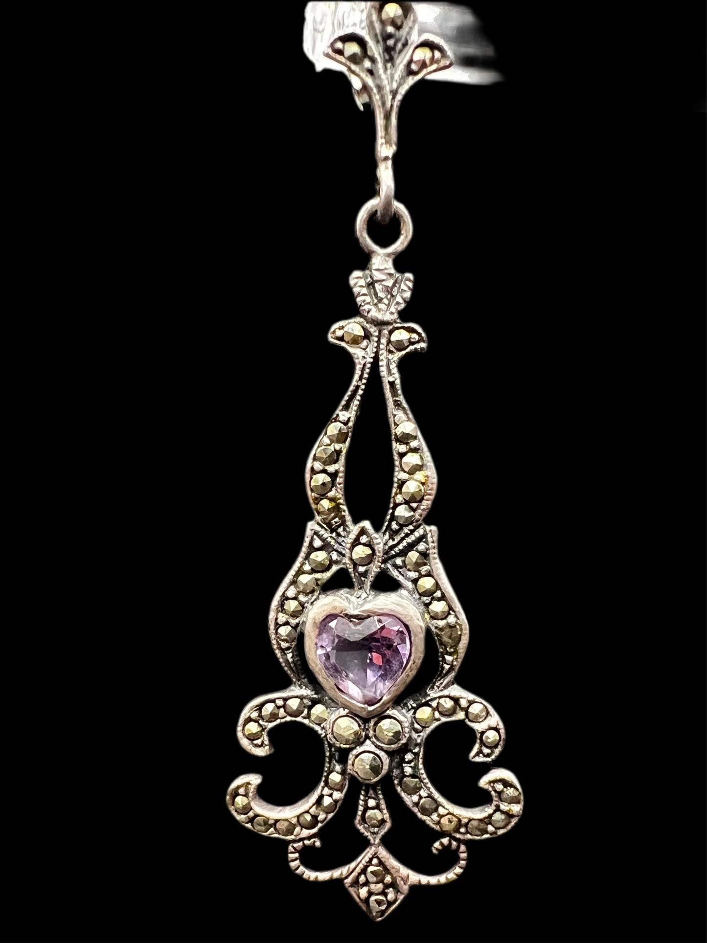 Vintage 925 Victorian Revival Marcasite & Heart Drop Earrings – Late 1990s
