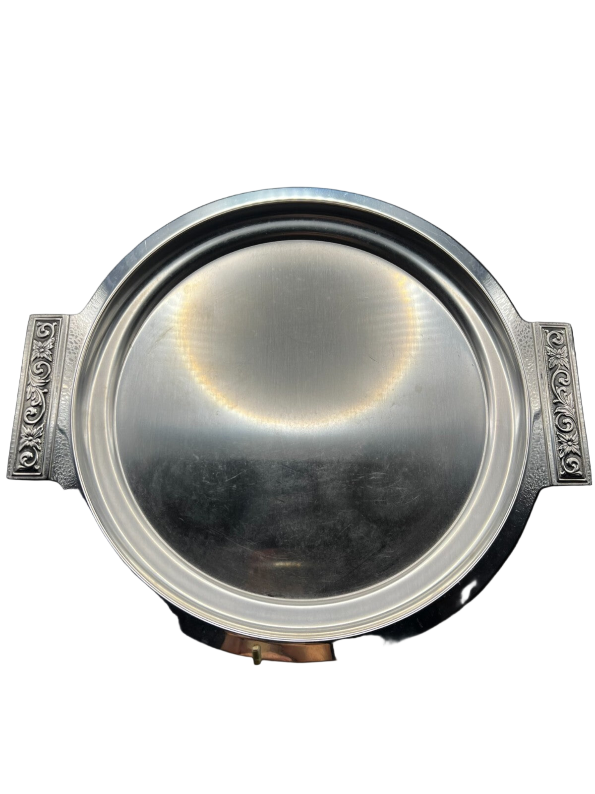 front of large lucky wood stainless steel round serving tray with engraved handles
