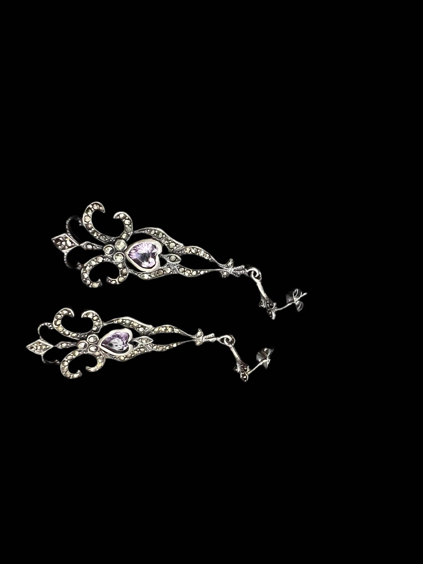 Vintage 925 Victorian Revival Marcasite & Heart Drop Earrings – Late 1990s