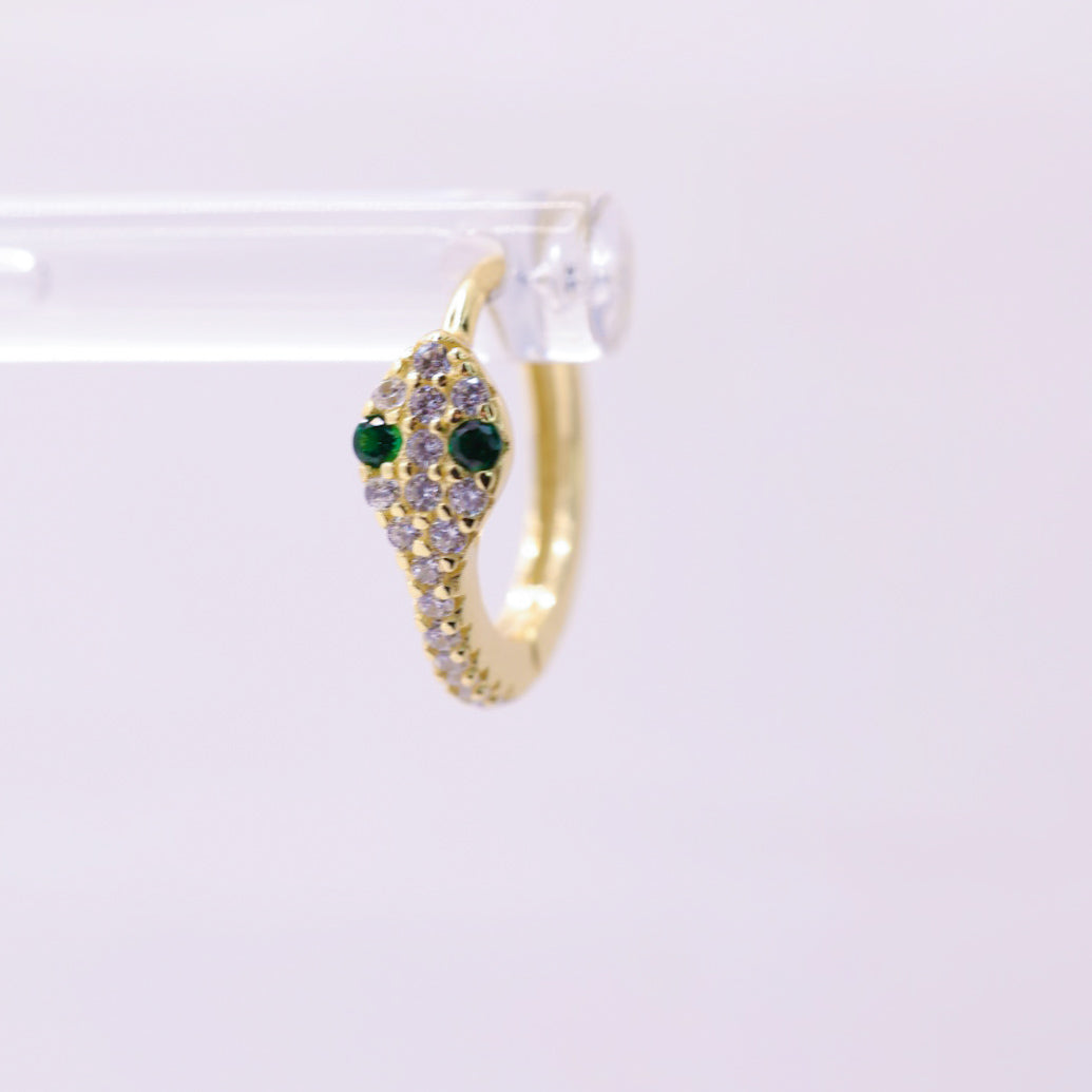 925 Gold Sterling Silver Green Stone Snake Small Hoops with CZ